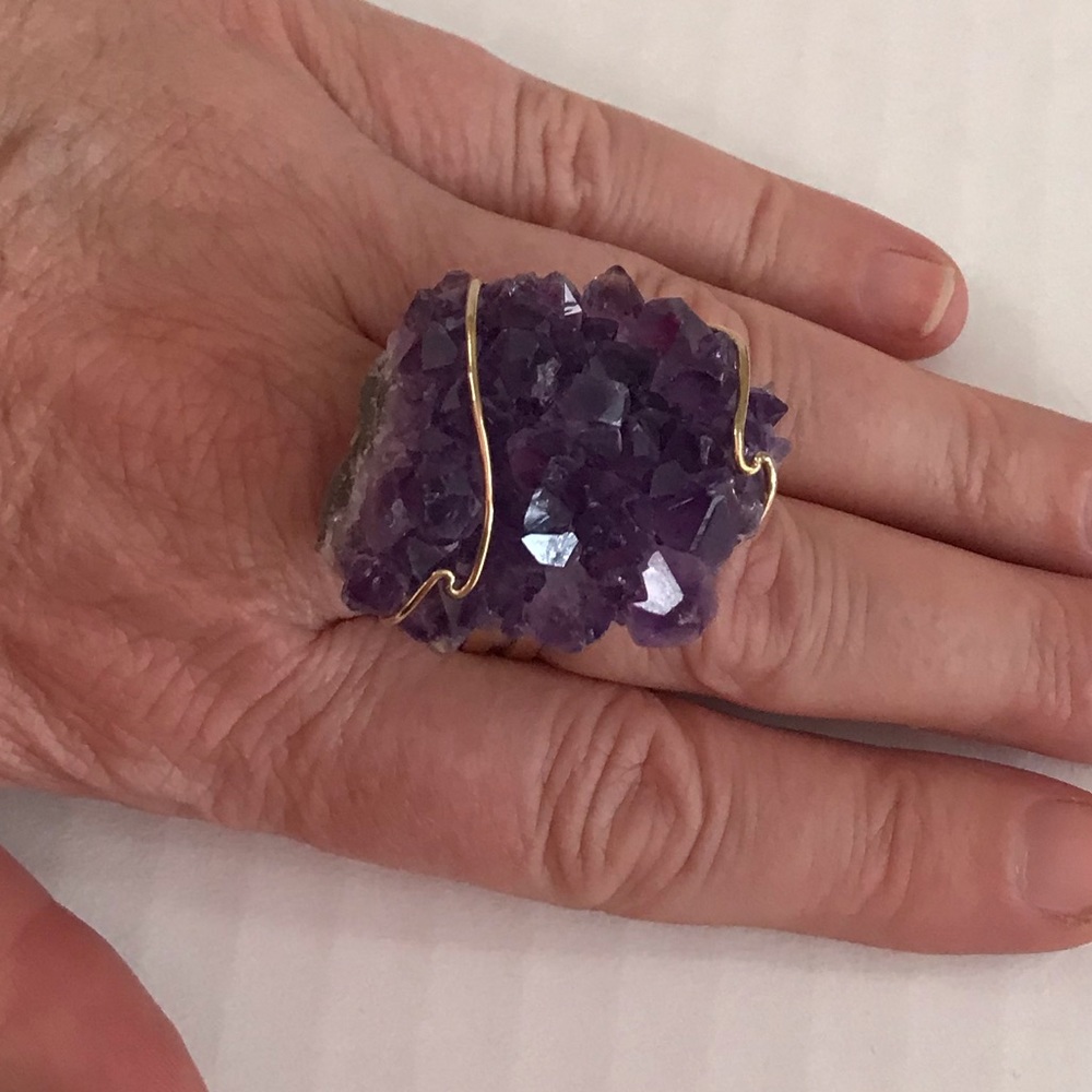 Amethyst ring, chunky amethyst in gold plated brass, adjustable